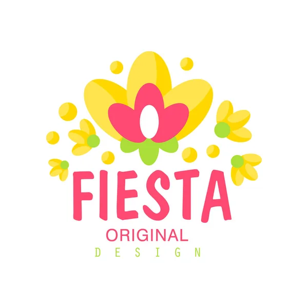 Desain logo asli Fiesta, label warna-warni dengan bunga untuk hari libur atau festival vektor Ilustrasi - Stok Vektor