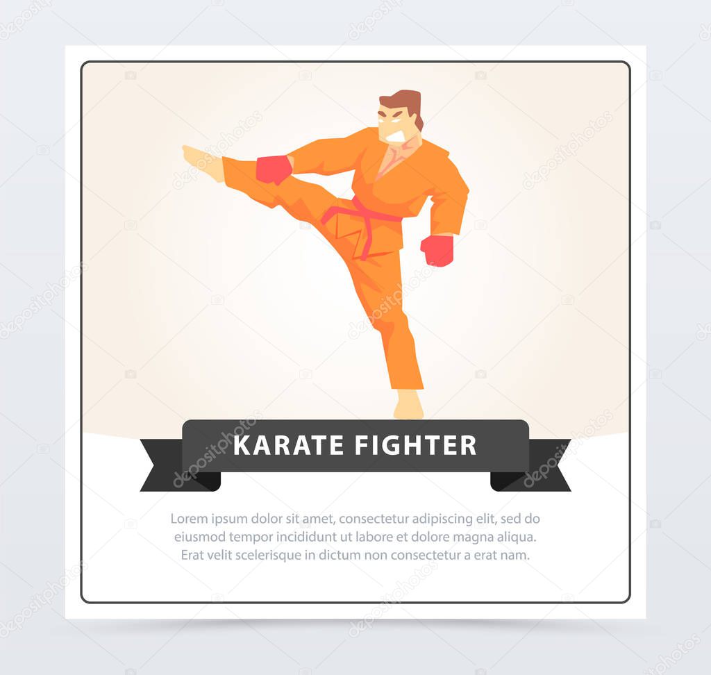 Man in orange kimono and boxing gloves training, karate fighter banner cartoon vector element for website or mobile app