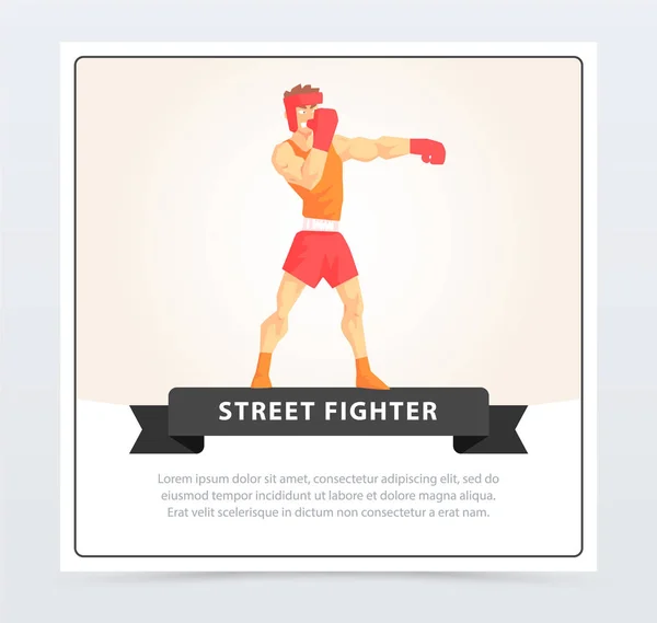 Muskulös boxare i handskar och hjälm, street fighter banner tecknad vektorelement för webbplatsen eller mobilappen — Stock vektor