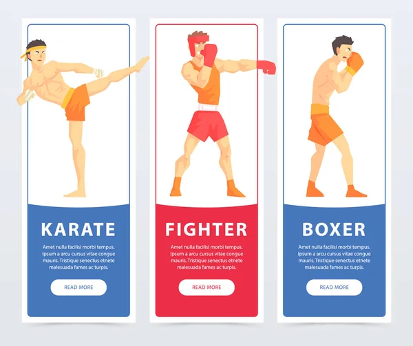Martial arts fighters, karate, vechter, bokser banners cartoon vectorelementen voor website of mobiele app — Stockvector