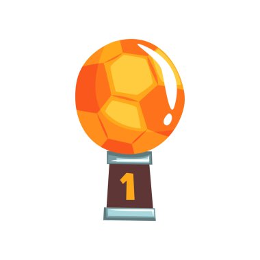 Parlak kazanan en iyi futbolcu Ödülü. Bir numara ile kahverengi üsteki altın şampiyon futbol topu. Vektör çizim