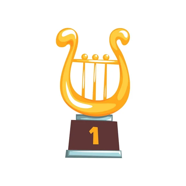 Golden first place trophy with lyre on brown base. Academic award icon in flat design. Vector illustration — Stock Vector