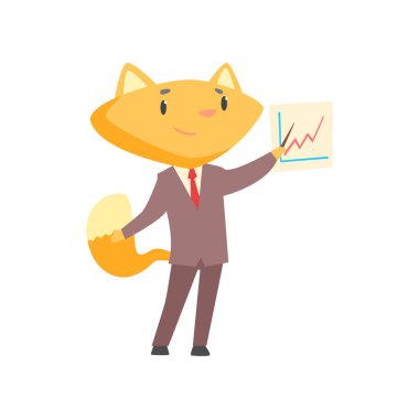 Komik işadamı fox grafik, şirin hayvan patron karakter karikatür vektör çizim büyüyen ile bir tahta işaret bir takım ayakta