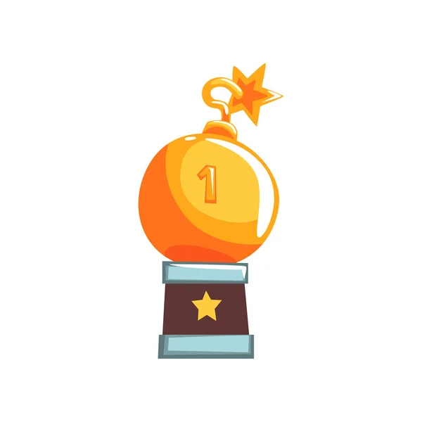 Shiny trophy in form of round bomb with burning wick. Miniature winner souvenir in flat design — Stock Vector