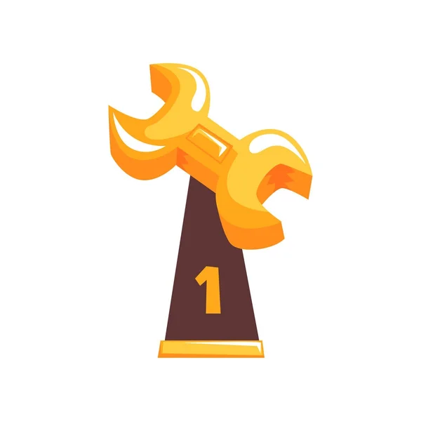 Vector winnaar gouden trofee in de vorm van moersleutel op bruin base. Hoofdprijs voor de eerste plaats in platte ontwerp — Stockvector