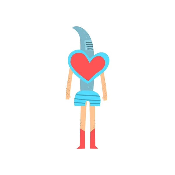 Hombre raro personaje en divertido traje azul con el corazón, mascarada freaky o disfraz de carnaval, fiesta creativa en el estilo loco vector de dibujos animados Ilustración — Vector de stock