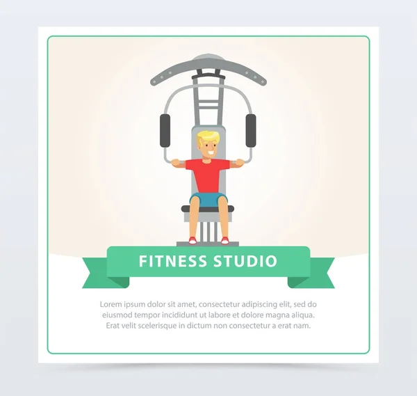 Ung man böjning muskler på trainer gym maskin, fitness studio banner platt vektorelement för webbplatsen eller mobilappen — Stock vektor