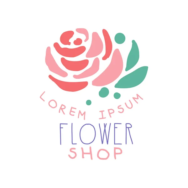 Flower shop logo template with rose, element for floral boutique, store, colorful hand drawn vector Illustration — Stock Vector