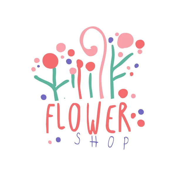 Логотип цветочного магазина, красочный бейдж для цветочного магазина, бутик, элемент для листовки, карточка, баннер ручной работы вектор иллюстрации — стоковый вектор