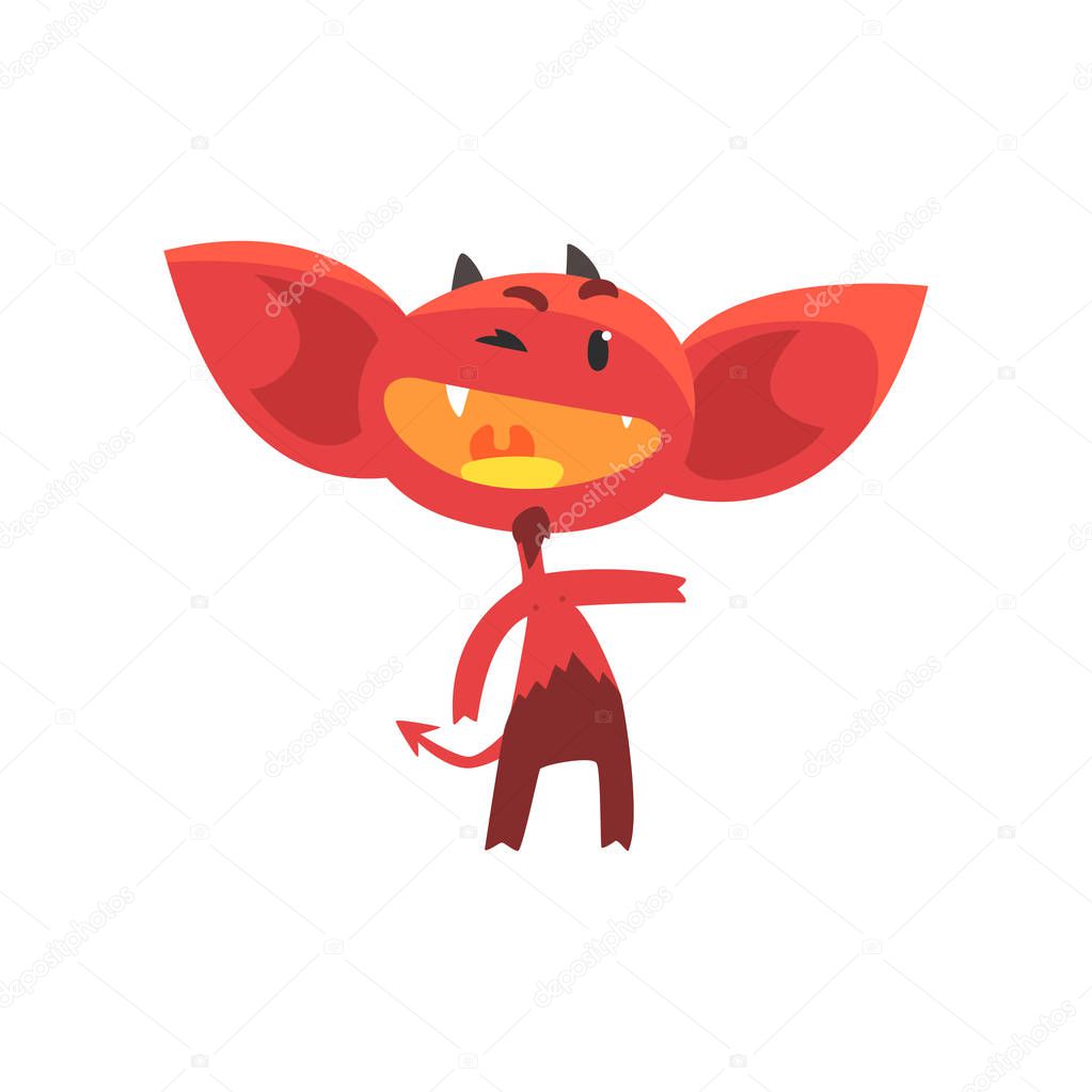 Funny red devil with little horns, big ears and tail with arrow tip end. Cartoon fictional character with joy face expression