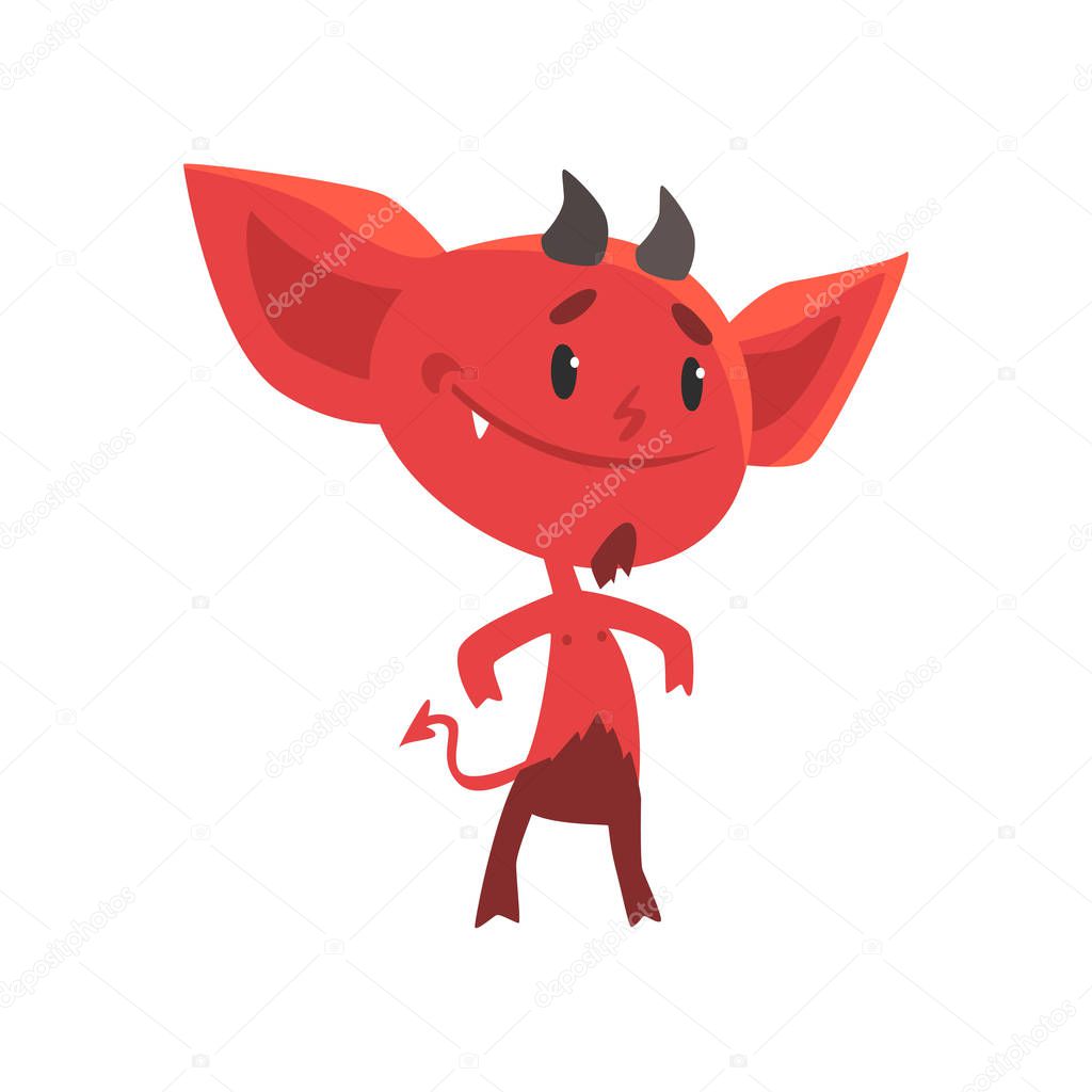 Self-confident smiling red devil stands isolated on white background. Flat cartoon fictional character with little horns, big ears and tail