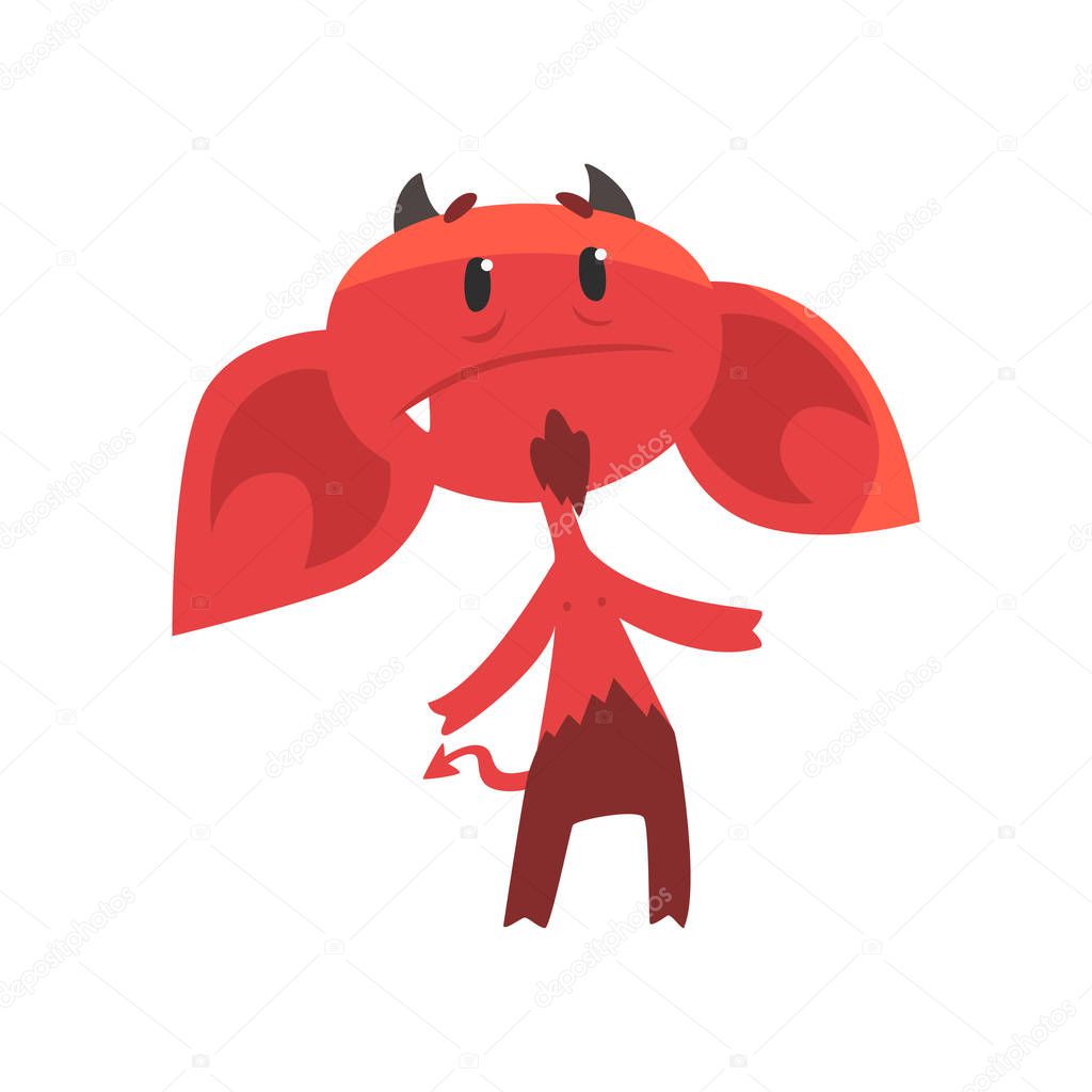 Upset devil character with big drooping ears, horns, tail and beard. Comic red demon in flat style