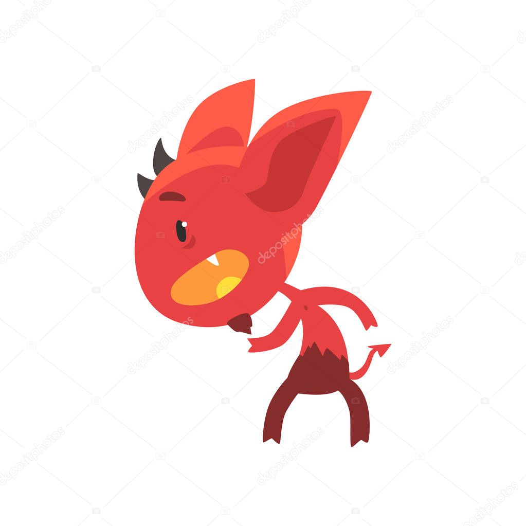 Little red devil standing in threatening pose isolated on white. Funny evil fictional character with horns, big ears and tail