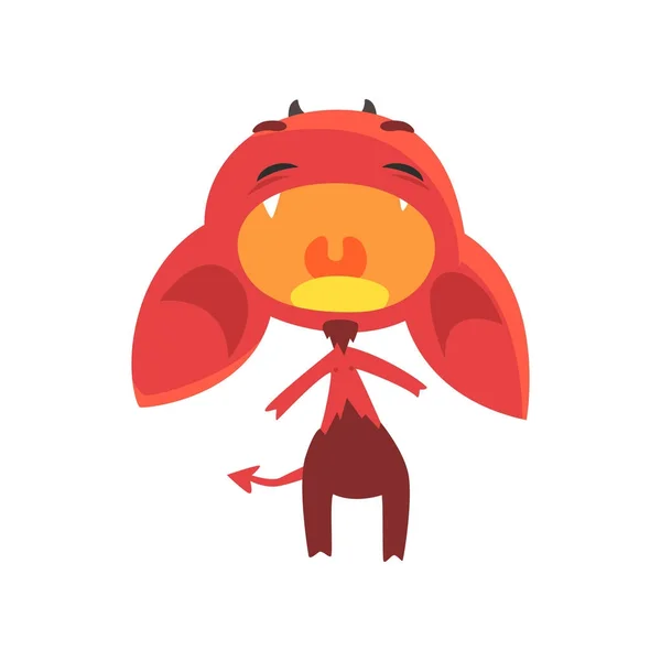 El pequeño diablo llorando está aislado sobre un fondo blanco. Demonio ficticio rojo con cuernos, orejas grandes y cola. Personaje plano de dibujos animados — Vector de stock