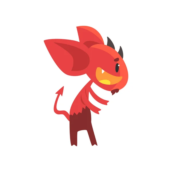 Маленький рогатый дьявол позирует со счастливым лицом. Мультфильм вымышленный демон с большими ушами, хвостом и бородой. Плоский векторный дизайн — стоковый вектор