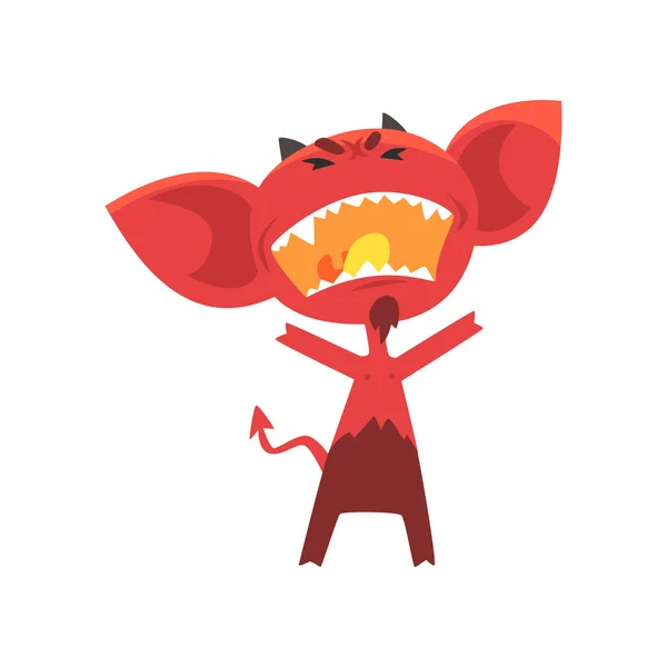 Diavolo rosso furioso con corna, orecchie grandi e coda. Personaggio immaginario dall'inferno in stile piatto — Vettoriale Stock
