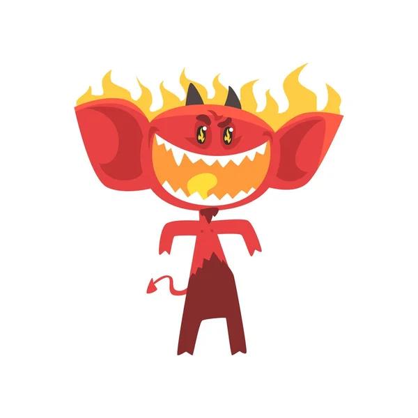 Cartoon flaming fire devil isolated on white. Angry red monster character with shiny eyes, big ears, horns and tail — Stock Vector