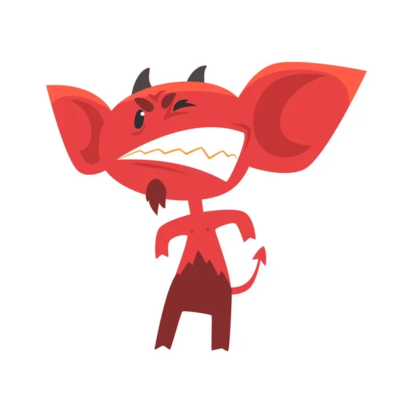 Diablo enojado parado en pose amenazante y mostrando dientes. Demonio rojo con grandes orejas, cuernos y cola. Monstruo cómico ficticio del infierno — Archivo Imágenes Vectoriales
