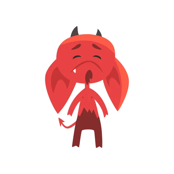 Piccolo diavolo rosso con le orecchie cadenti che mostrano espressione faccia molto sconvolta. Carino personaggio mostro fittizio in stile piatto — Vettoriale Stock