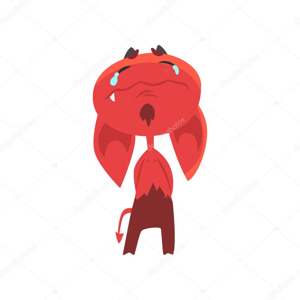 Crying cartoon devil with big drooping ears, horns and tail isolated on white. Flat vector design of red demon with tears on face