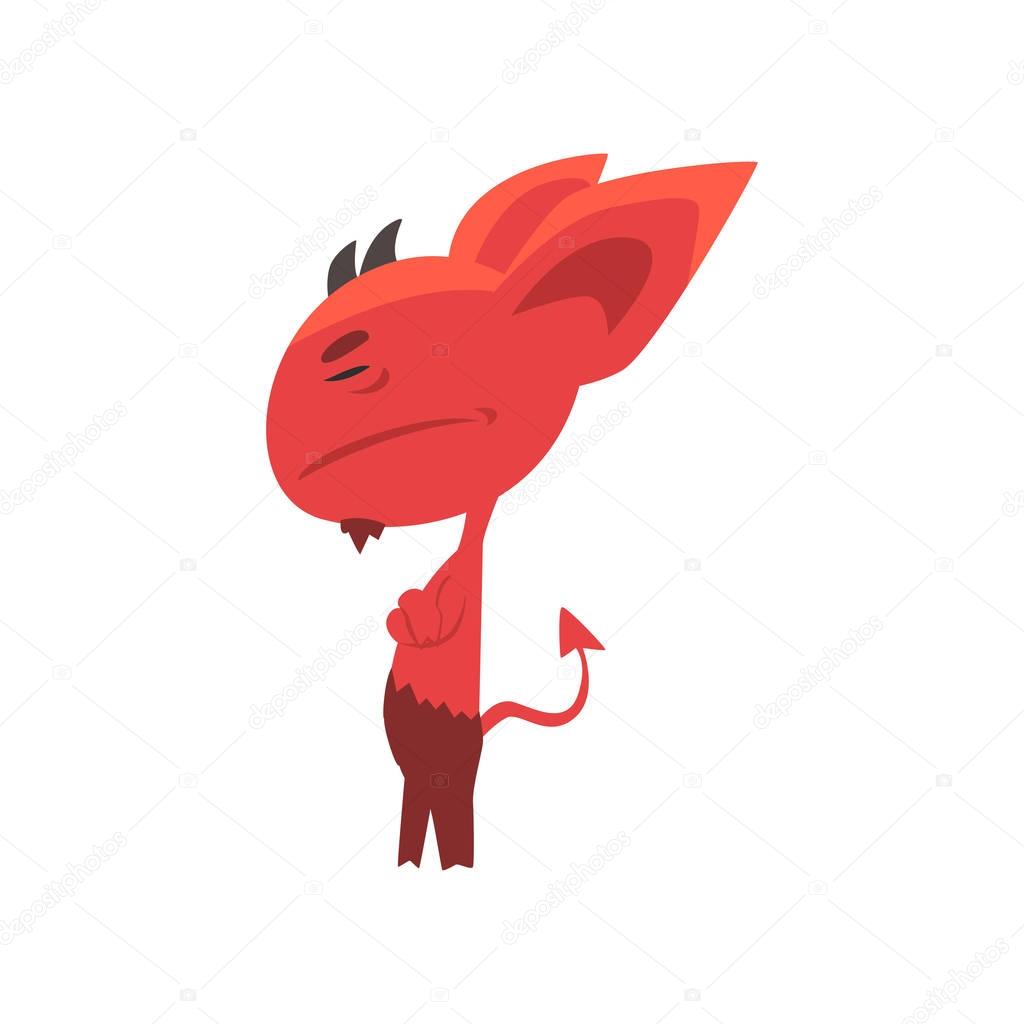Offended red devil turned away, standing with arms crossed. Demon character with big ears, little horns and tail