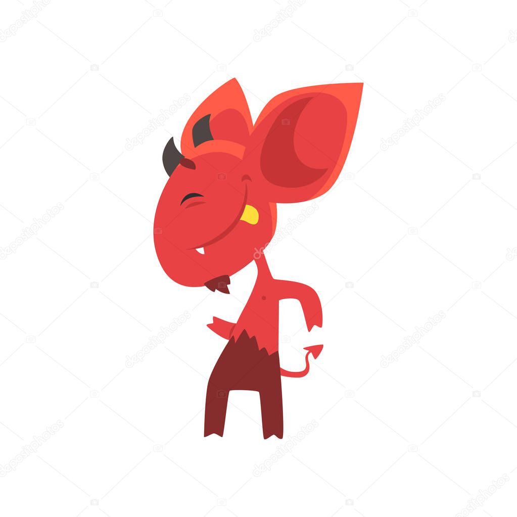 Cheerful little devil dancing and showing his tongue. Red demon character with horns, big ears and tail. Flat vector design