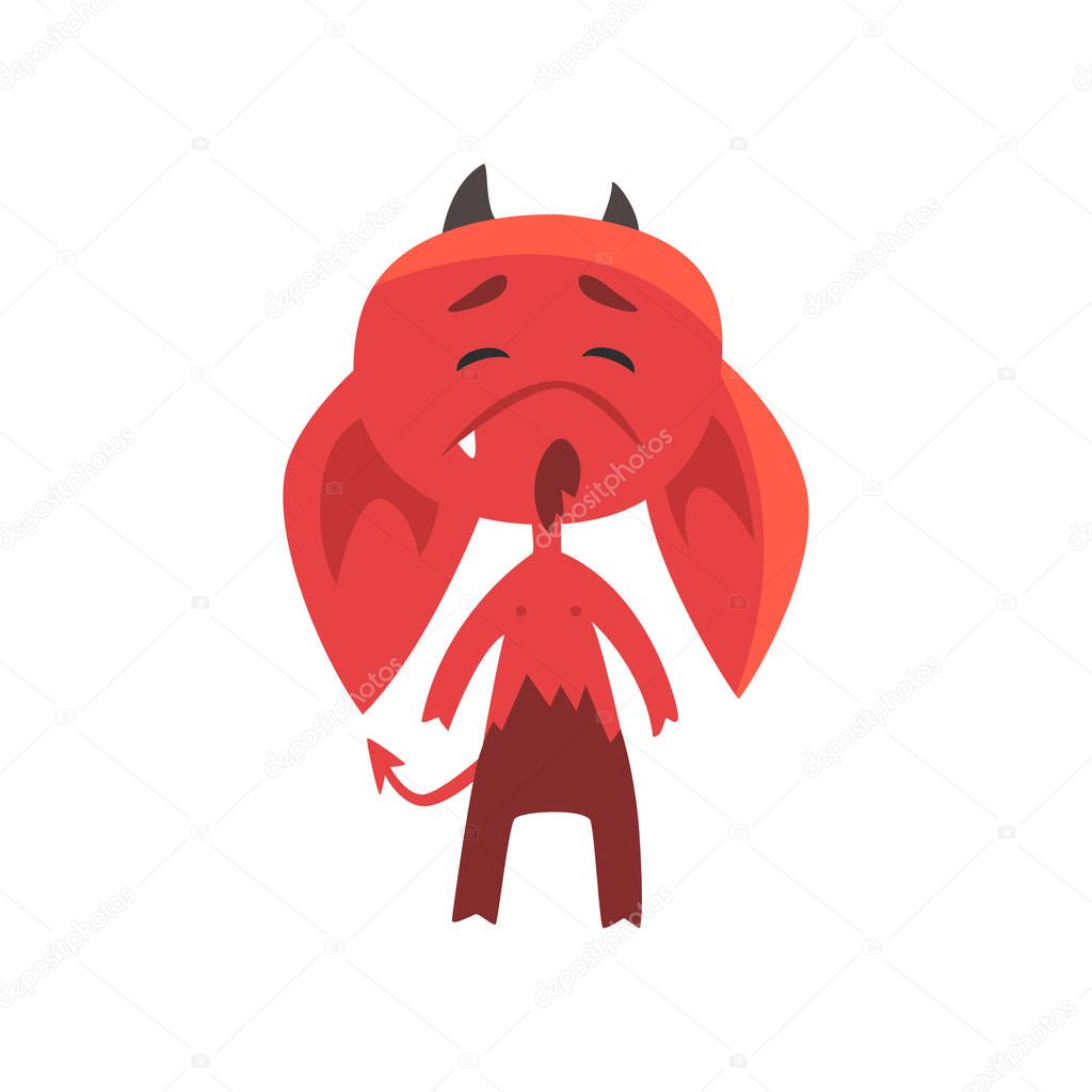 Little red devil with droopy ears showing very upset face expression. Cute fictional monster character in flat style