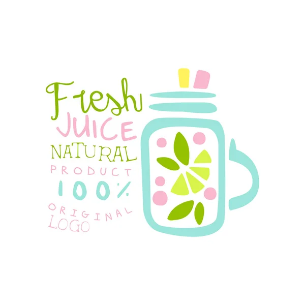 Fresh juice 100 percent natural product logo template, multifruit juice label, eco product element, colorful hand drawn vector Illustration — Stock Vector