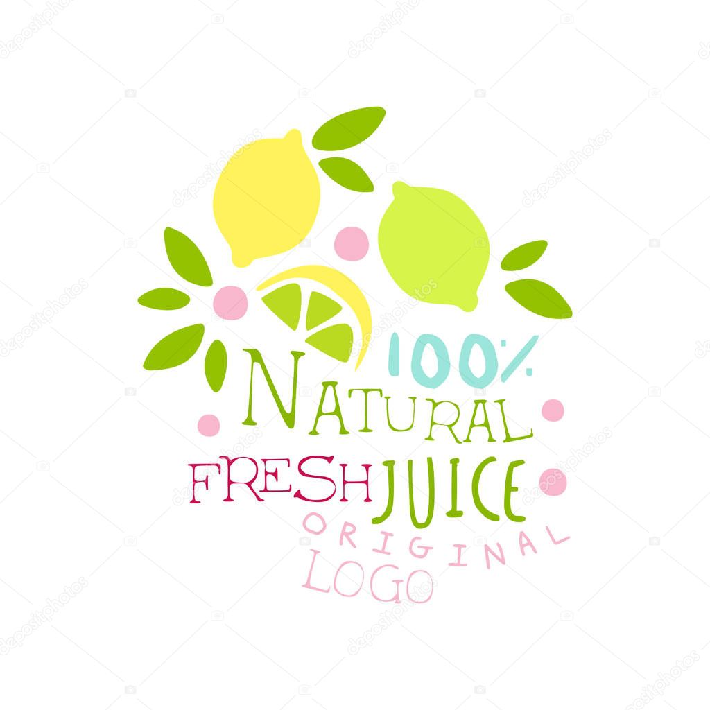 Natural fresh juice 100 percent original logo, lemon drinks label, eco product badge, menu element, colorful hand drawn vector Illustration