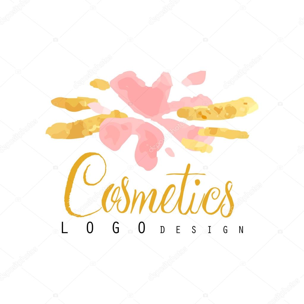 Delicate logo design for cosmetics shop or boutique. Label with gentle colors. Beauty salon emblem concept. Hand drawn vector illustration for make up artist, natural products, spa, beauty center.