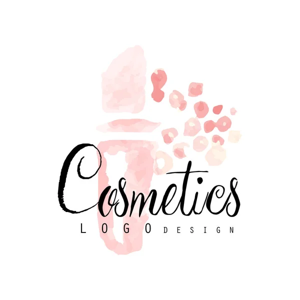 Diseño delicado logo con botella cosmética rosa abstracta. Etiqueta con colores suaves. Concepto de emblema de salón de belleza . — Archivo Imágenes Vectoriales