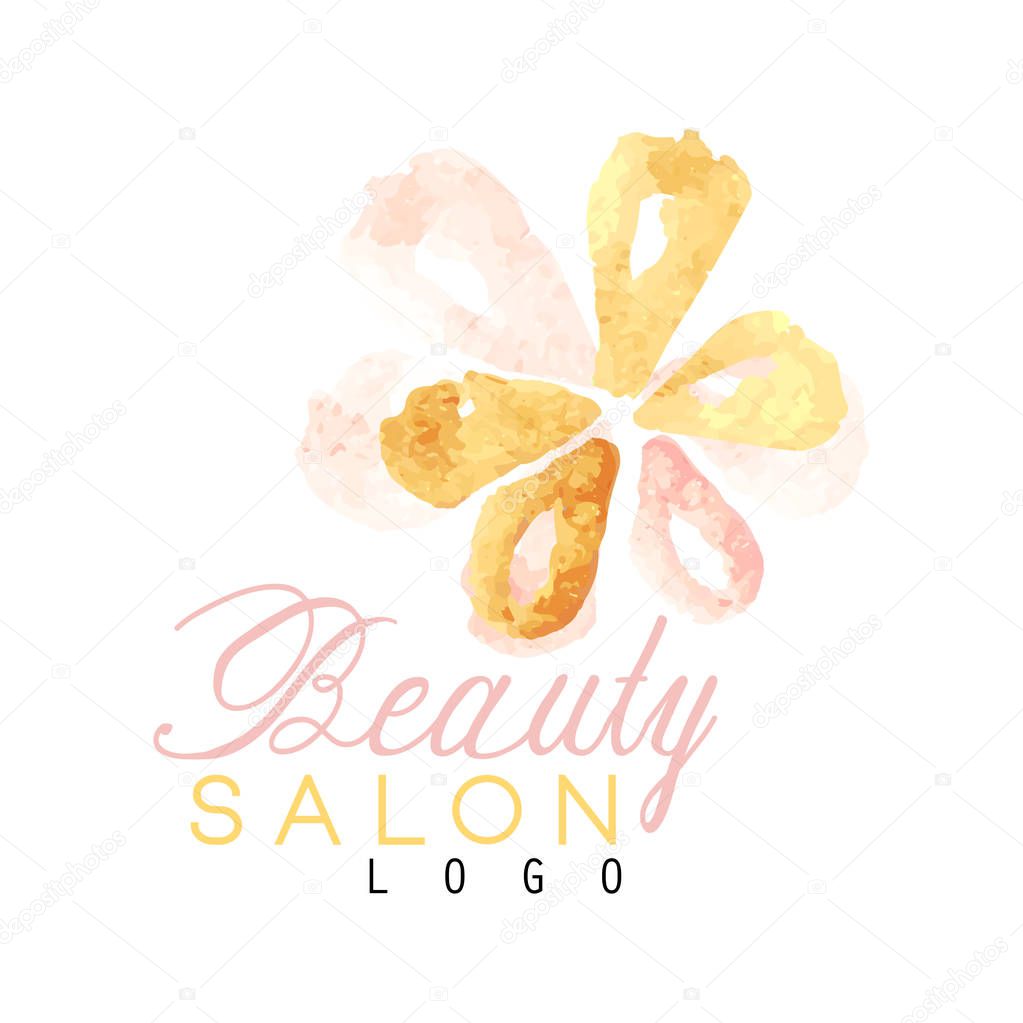 Beauty salon original logo design with delicate textured flower. Label with gentle colors. Hand drawn vector illustration