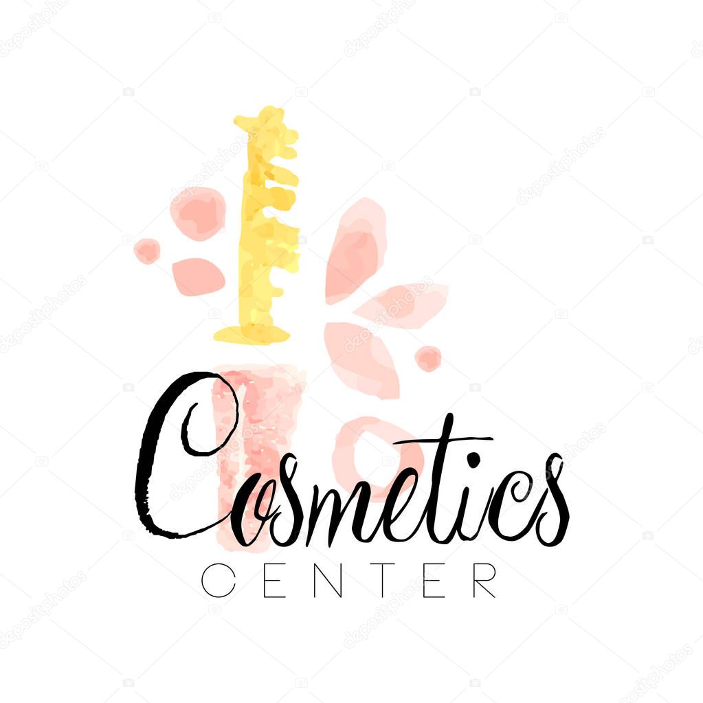 Delicate logo design for cosmetics shop or boutique. Textured label with gentle colors. Beauty salon or center emblem concept. Hand drawn vector illustration for make up artist, natural products, spa.