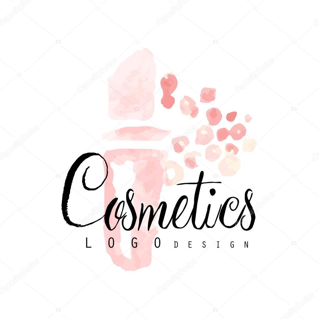 Delicate logo design with abstract pink cosmetic bottle. Label with gentle colors. Beauty salon emblem concept. Hand drawn vector illustration for make up artist, natural products, spa, beauty center.