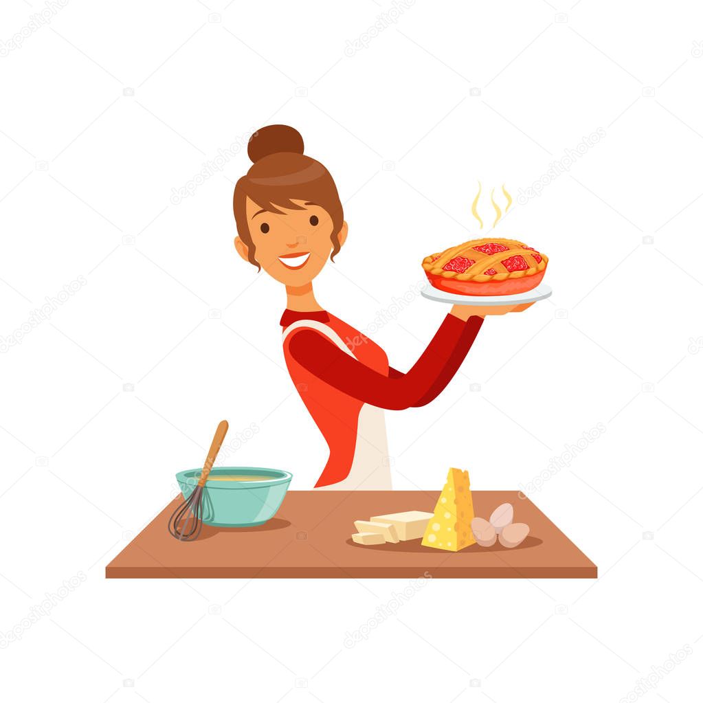 Young smiling woman holding freshly baked pie, housewife girl cooking food in the kitchen flat vector Illustration