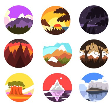 Vahşi doğa kümesi yuvarlak manzara, tropikal, dağ, Kuzey sahne gün vektör çizimler farklı zamanlarda