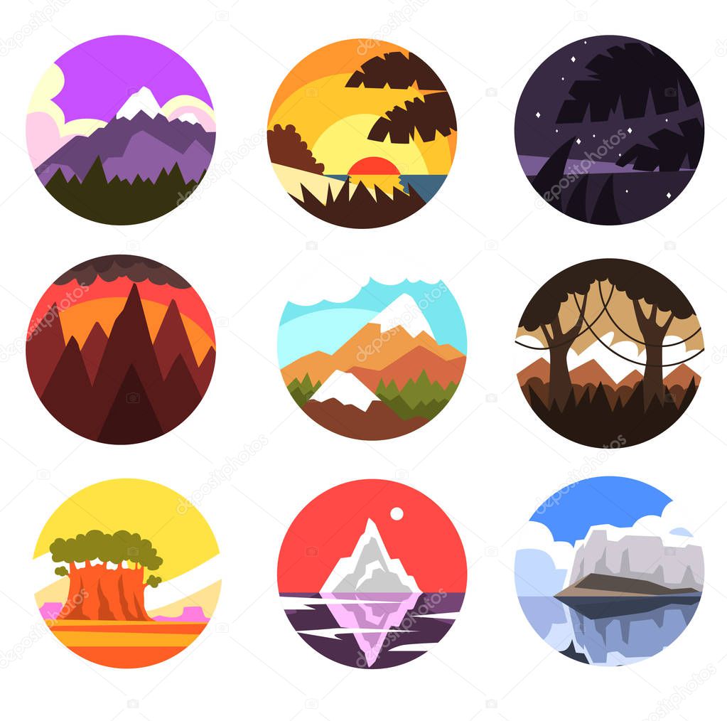 Set of wild nature round landscape, tropical, mountain, northern scenery at different times of day vector illustrations