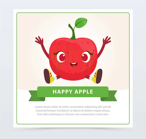 Schattig gehumaniseerd rode appel fruit karakter, gelukkig banner platte vectorelement van apple voor website of mobiele app — Stockvector