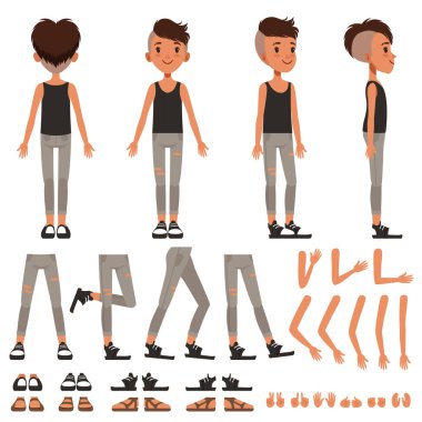 Oğlum karakter oluşturma kümesi, öğrenci çocuk Oluşturucu farklı pozlar, jestleri, Ayakkabı ile çizimler vektör