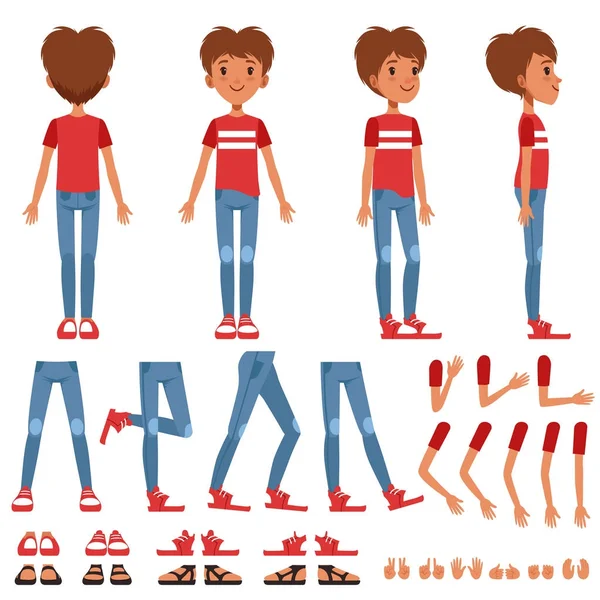 Conjunto de criação de personagem menino, construtor menino bonito com diferentes poses, gestos, sapatos vetor Ilustrações — Vetor de Stock