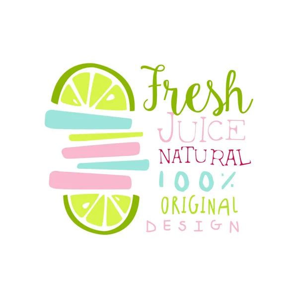 Taze meyve suyu yüzde 100 doğal logo özgün tasarım, içecekler etiket, eko ürün öğesi, renkli el çizilmiş vektör çizim — Stok Vektör