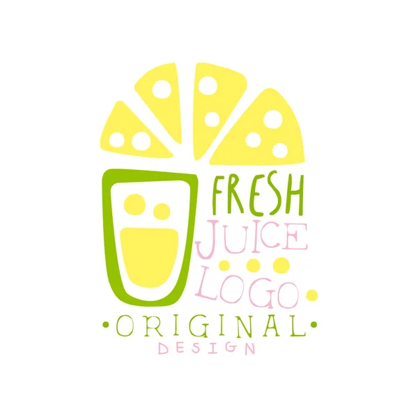フレッシュ ジュース ロゴ オリジナル デザイン、レモン ドリンク ラベル、エコ製品のバッジは、メニュー要素カラフルな手描きの背景イラスト — ストックベクタ