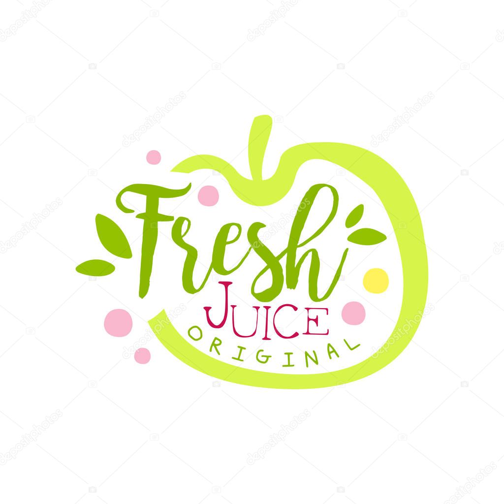 Fresh juice original logo template, apple juice label, eco product element, colorful hand drawn vector Illustration