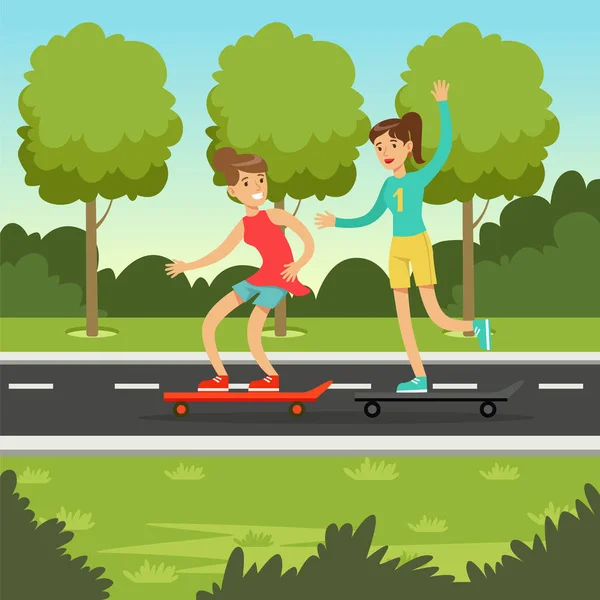 Due amiche felici skateboard nel parco, concetto di amicizia vettore Illustrazione — Vettoriale Stock