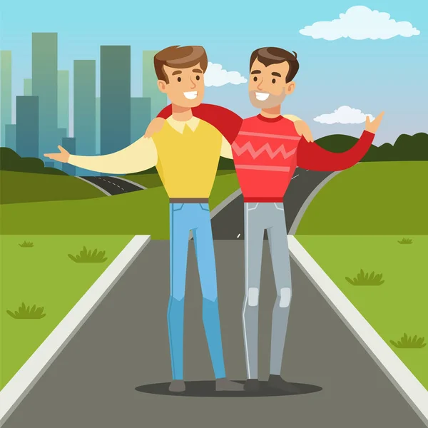 Dos mejores amigos masculinos caminando por la calle de la ciudad, jóvenes abrazando, vector concepto de amistad Ilustración — Vector de stock