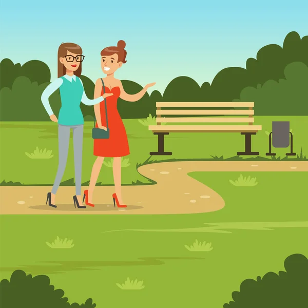 Duas amigas caminhando no parque, conceito de amizade vetor Ilustração —  Vetores de Stock