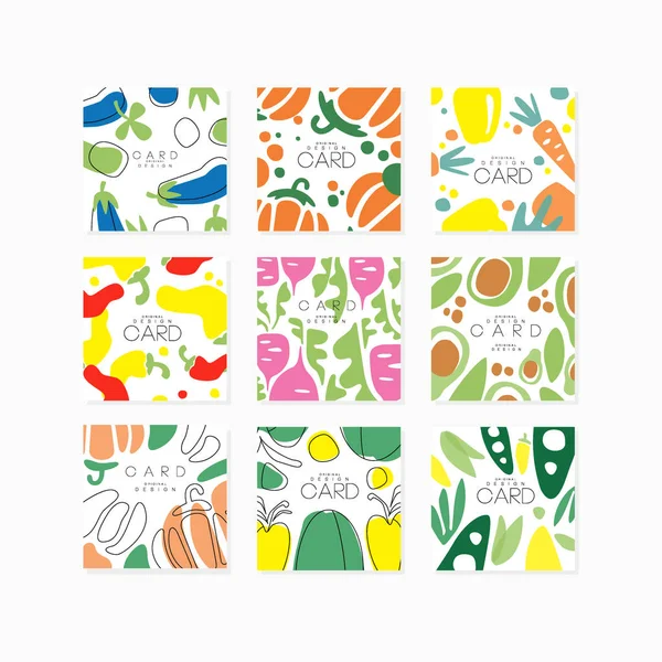 Collezione di carte vegetali disegno originale, poster con melanzane, pepe, carote, avocado, illustrazioni vettoriali di barbabietole — Vettoriale Stock