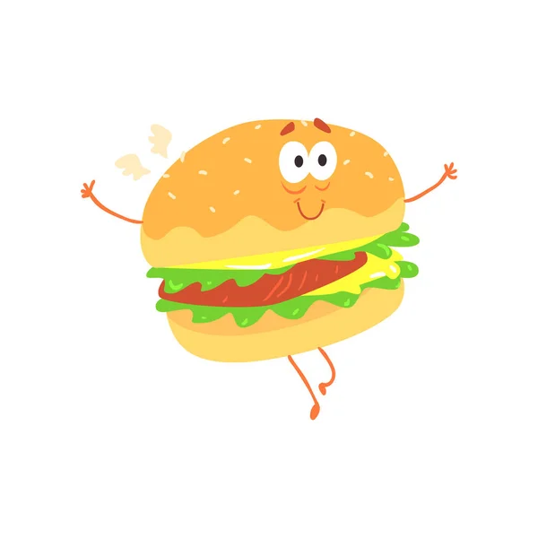 Personaje divertido hamburguesa de comida rápida de dibujos animados, elemento para el menú de café, restaurante, comida para niños, vector Ilustración — Archivo Imágenes Vectoriales