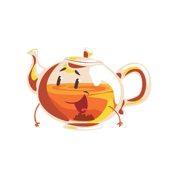 Lustige gläserne Teekanne Cartoon-Figur, Element für die Speisekarte von Café, Restaurant, Kindernahrung, Vektorillustration — Stockvektor