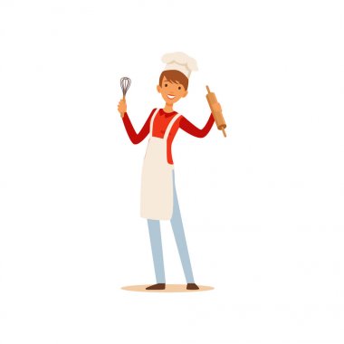 Ayakta ve çırpma teli ve oklava, ev kadını kız yemek yemek mutfak düz vektör çizim holding Beyaz önlük ve şef şapkasını genç kadın